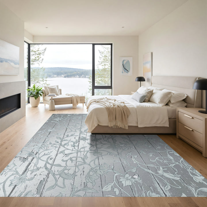 Distressed Silver Floral Vine Wood Grain Rug