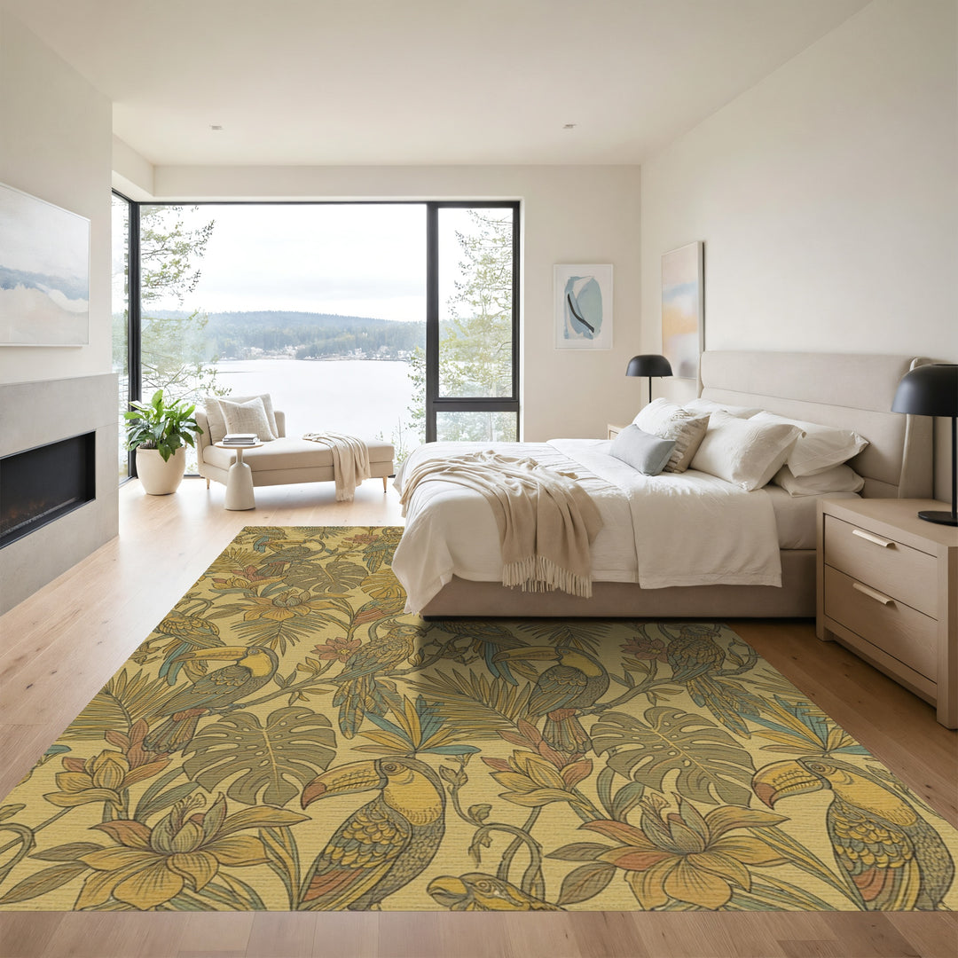 Tropical Toucans Parrots Floral Jungle Rug
