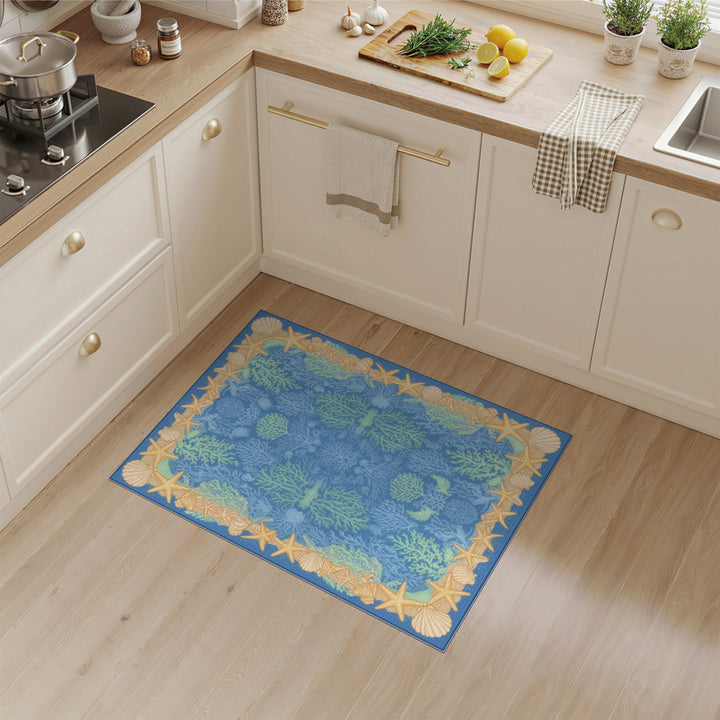 Coastal Beach Blue Coral Reef Coastal Area Rug
