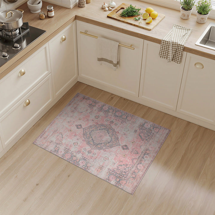 Pink Distressed Vintage Medallion Area Rug