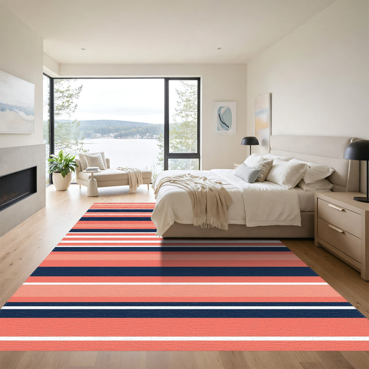 Coral Navy White Horizontal Stripe Rug