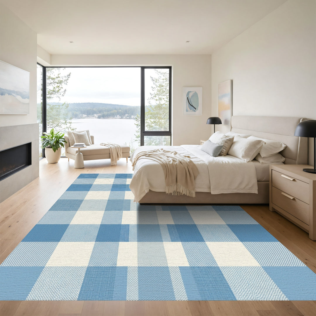 Serene Blue Checkered Grid Rug