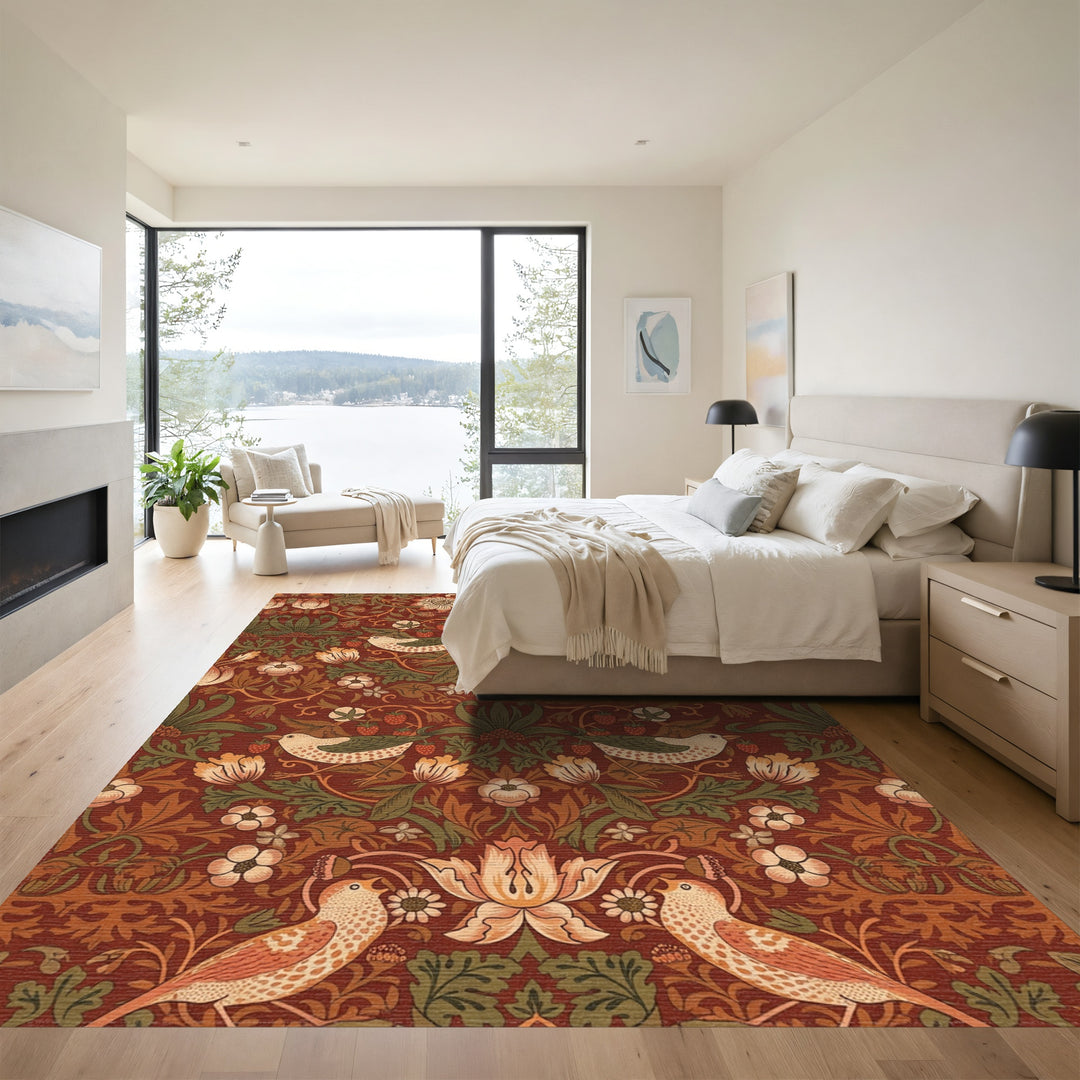 Red Bird and Strawberry Floral Tapestry Rug