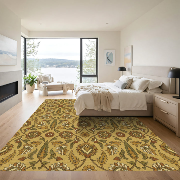 Golden Ochre Floral Scroll Vine Rug