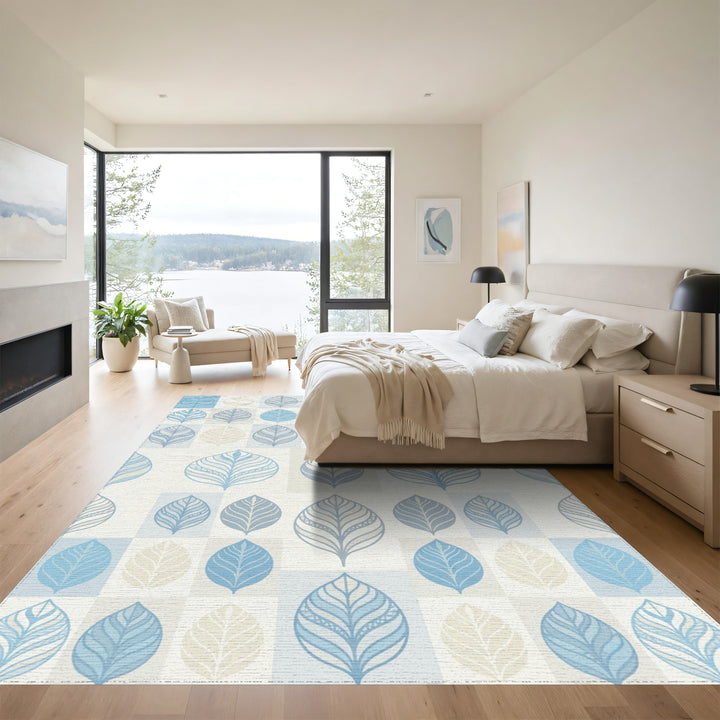 Soft Blue Leaf Botanical Squares Rug