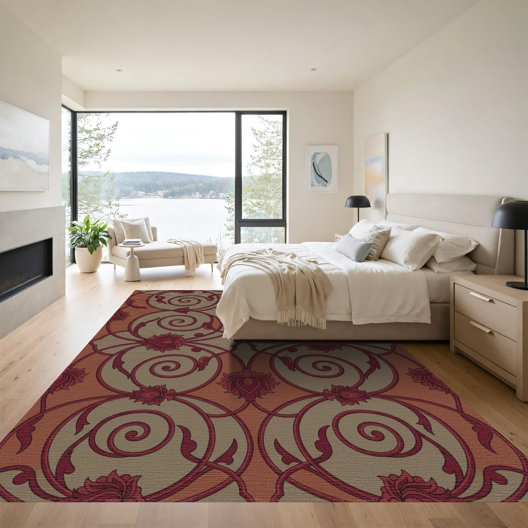 Rich Crimson Floral Scrollwork Rug