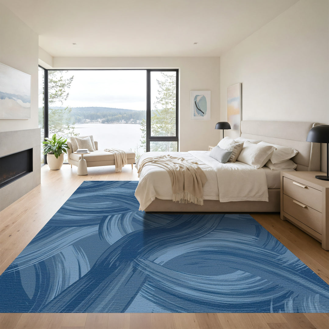 Deep Blue Brush Stroke Waves Rug