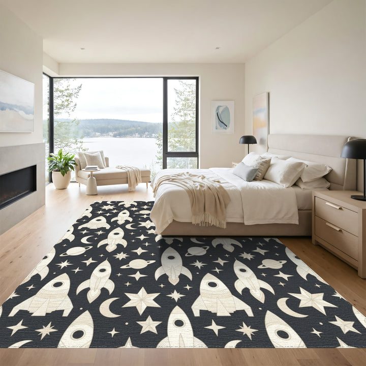 Cream Rockets Stars Moon Planets Rug