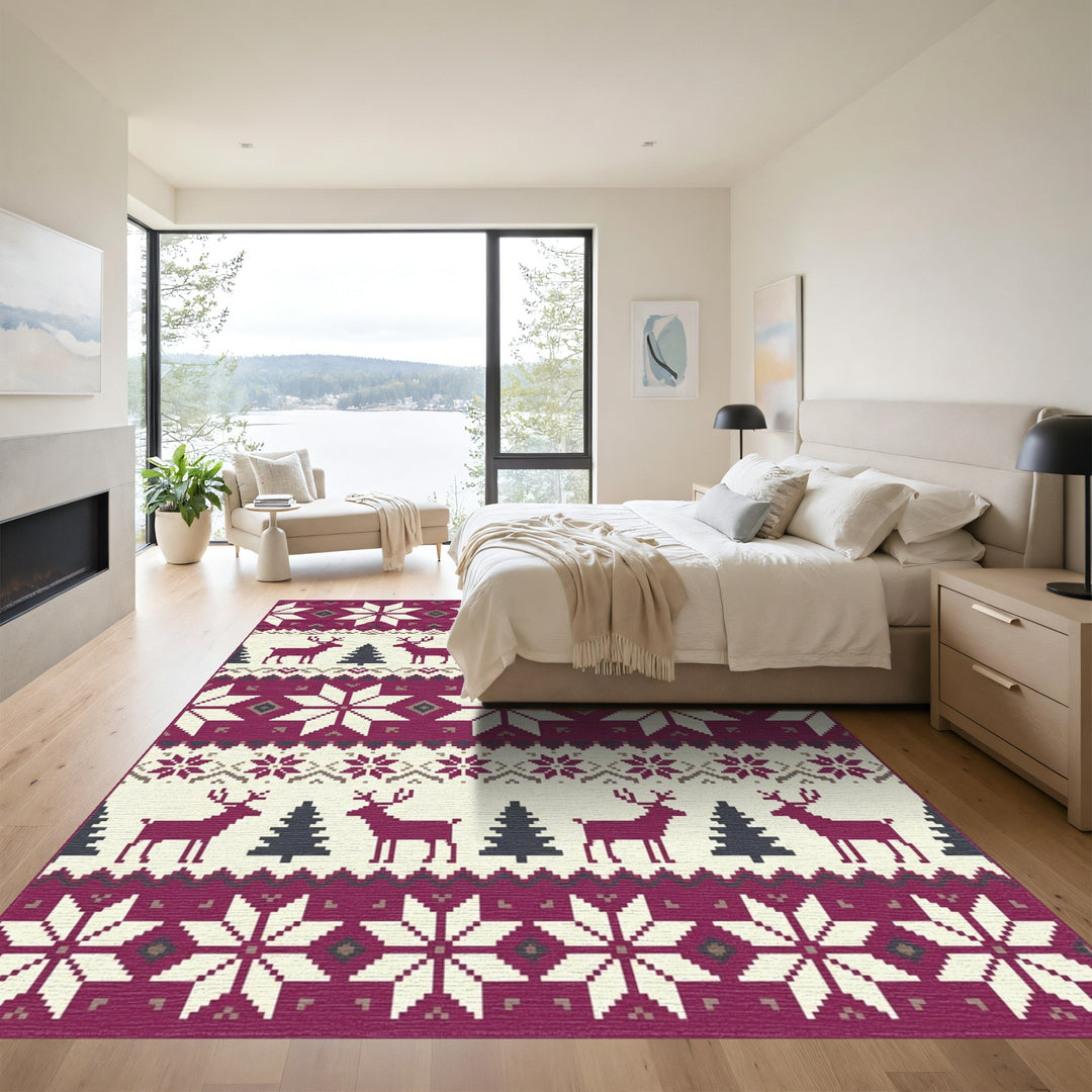Rustic Cranberry Reindeer Forest Stars Rug