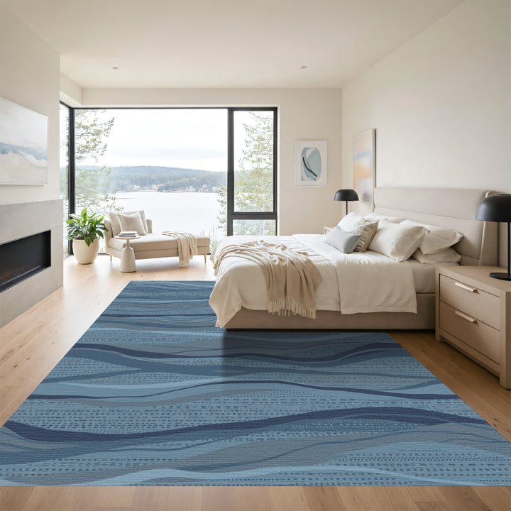Deep Blue Wavy Textile Stripe Rug