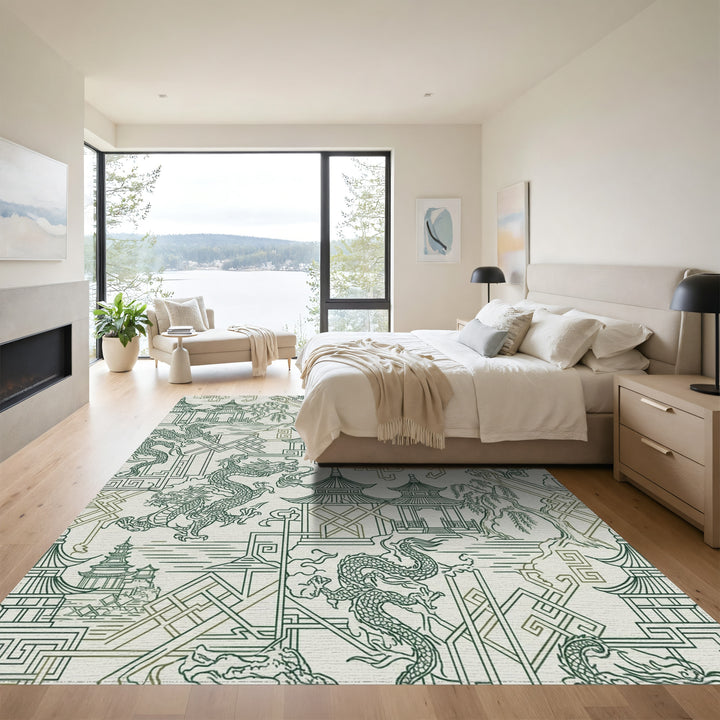 Emerald Dragon Pagoda Landscape Harmony Rug