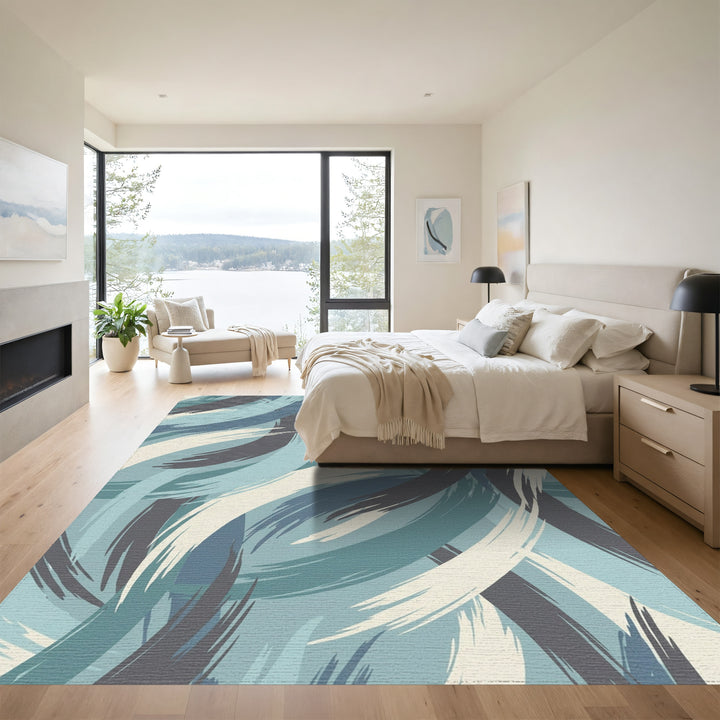 Coastal Blue Abstract Brushstroke Swirls Rug