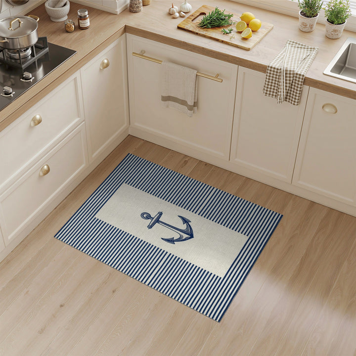 Navy Anchor Striped Coastal Area Rug