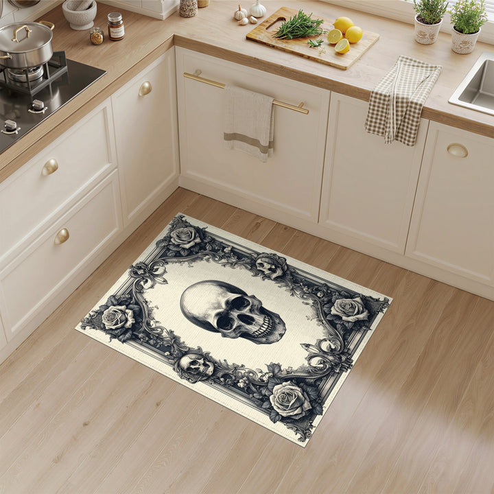 Distressed Vintage Skull Roses Black White Area Rug