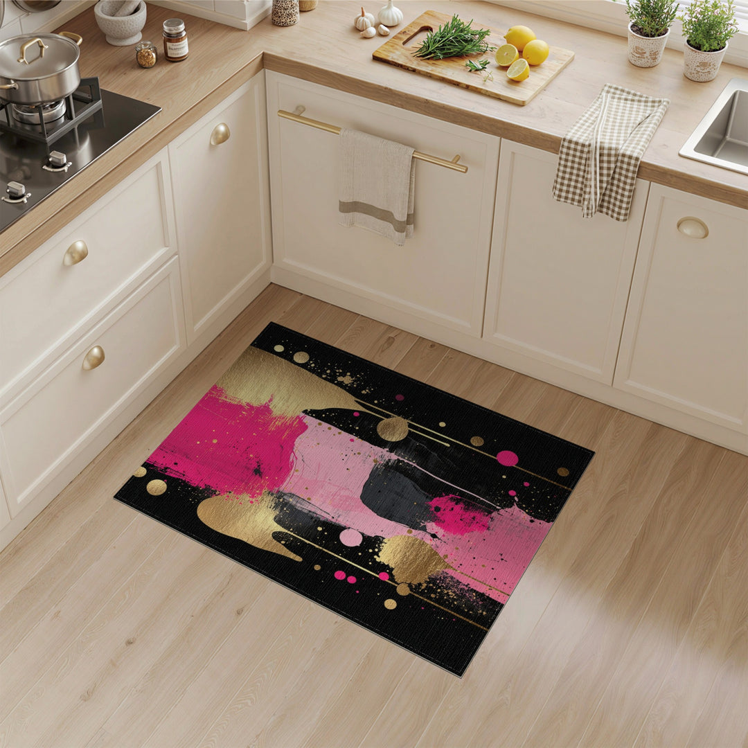 Pink Abstract Gold Drip Area Rug