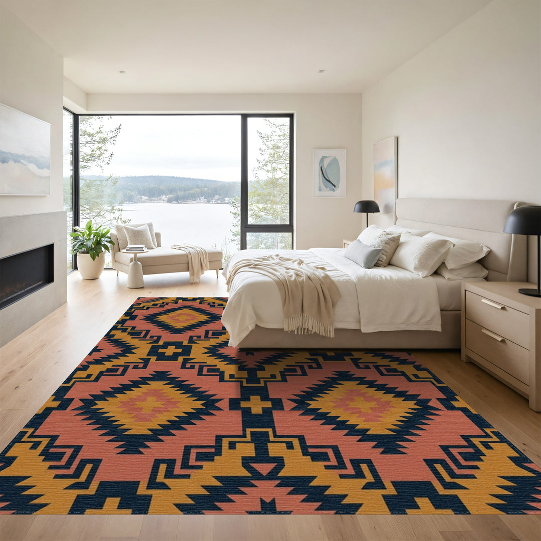 Terracotta Dark Blue Sun Geometric Rug