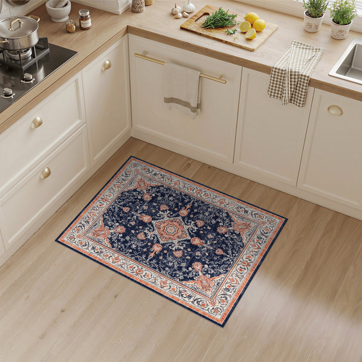 Blue and Teal Navy Blue Floral Traditional Persian Area Rug