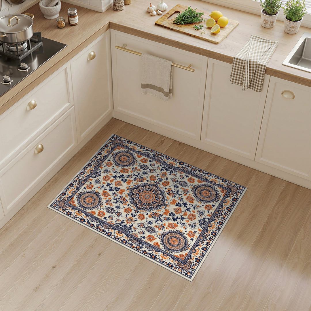 Navy Orange Floral Persian Area Rug