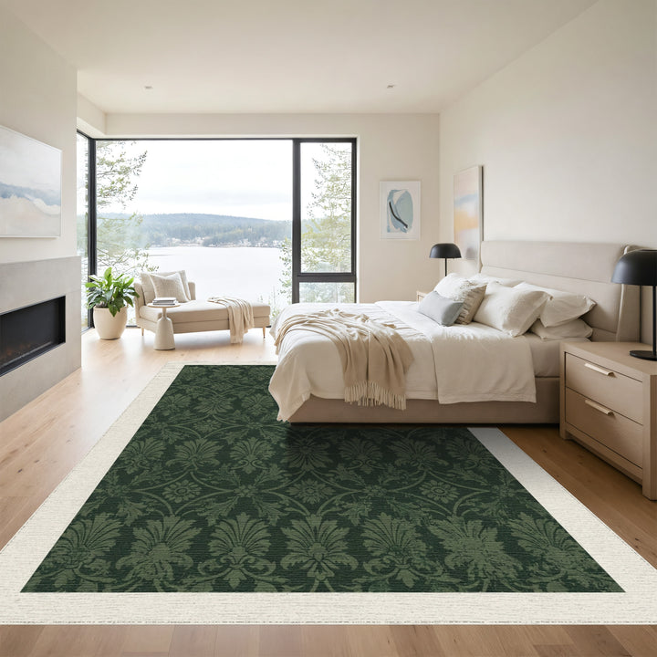 Deep Forest Crested Floral Damask Rug
