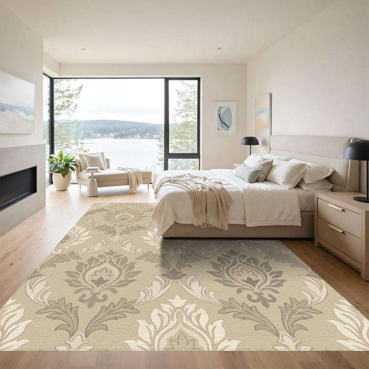 Classic Damask Floral Beige Ivory Rug