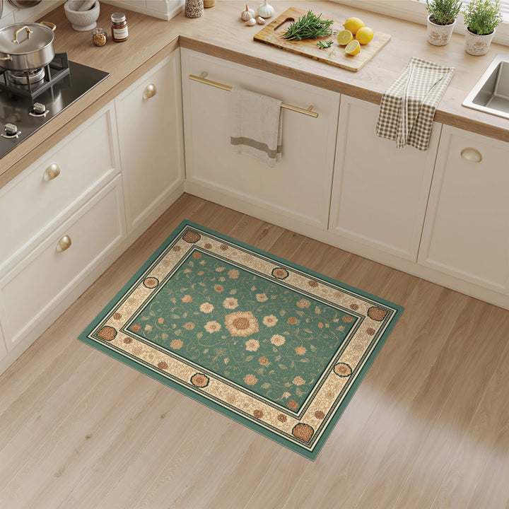 Teal Floral Vintage Area Rug with Cream Border