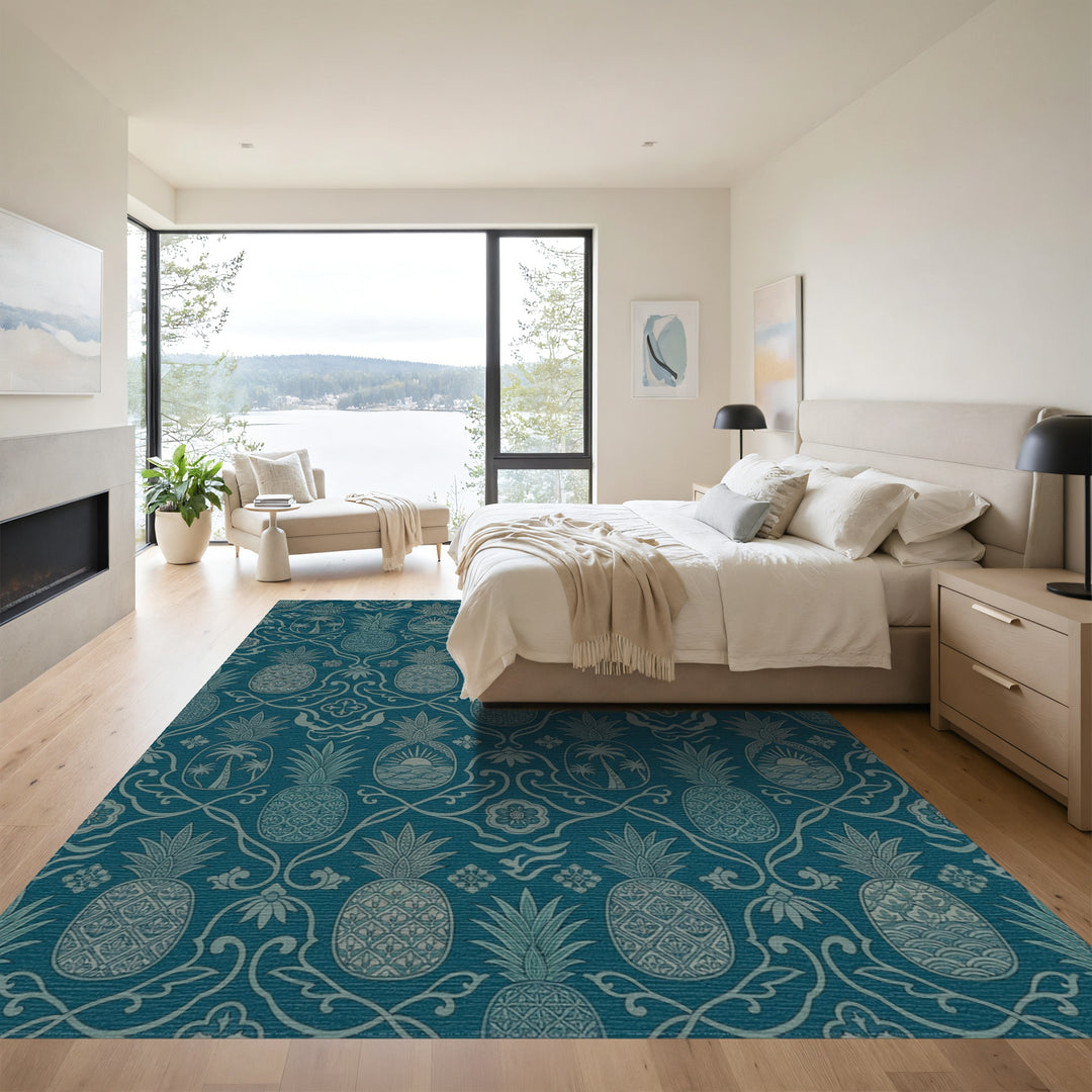 Teal Pineapple Tropical Palmed Scene Rug