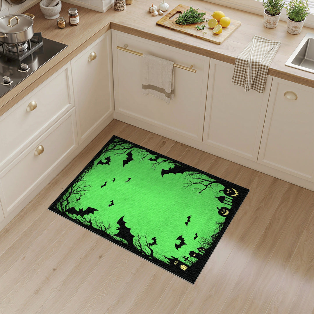 Green Halloween Bats and Pumpkins Area Rug