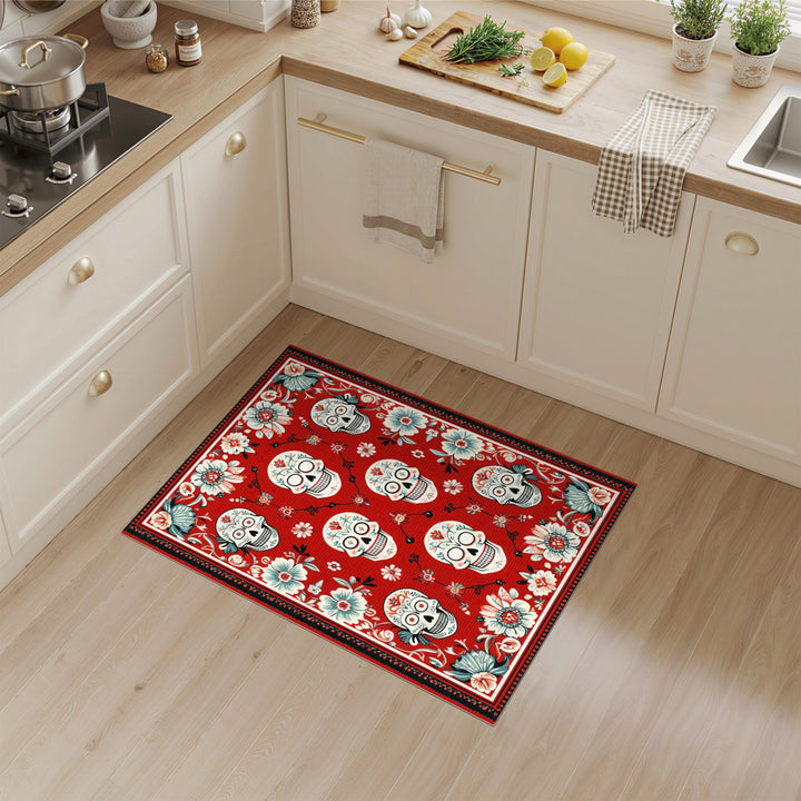 Red Floral Sugar Skull Area Rug