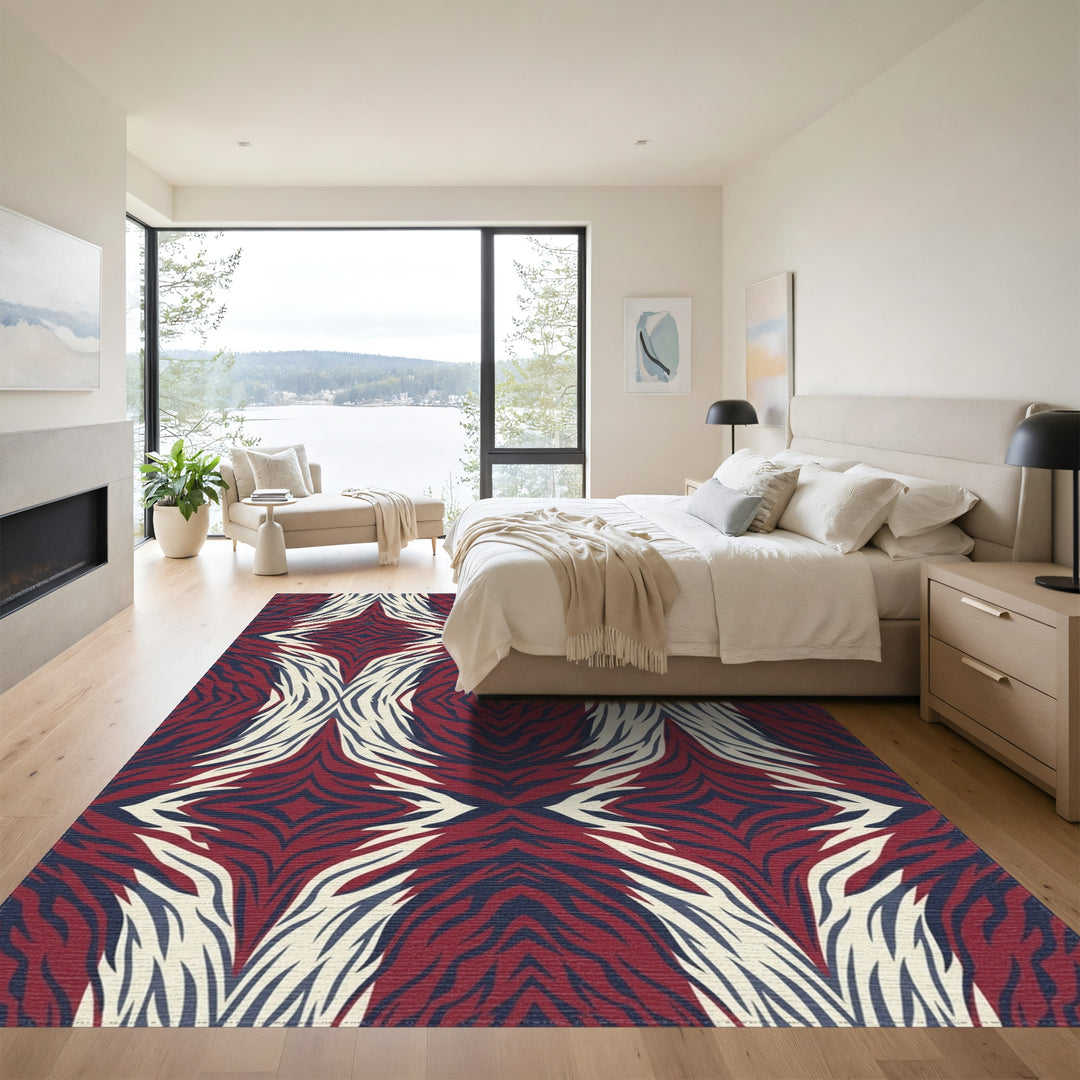 Deep Red Blue White Zebra Stripes Rug
