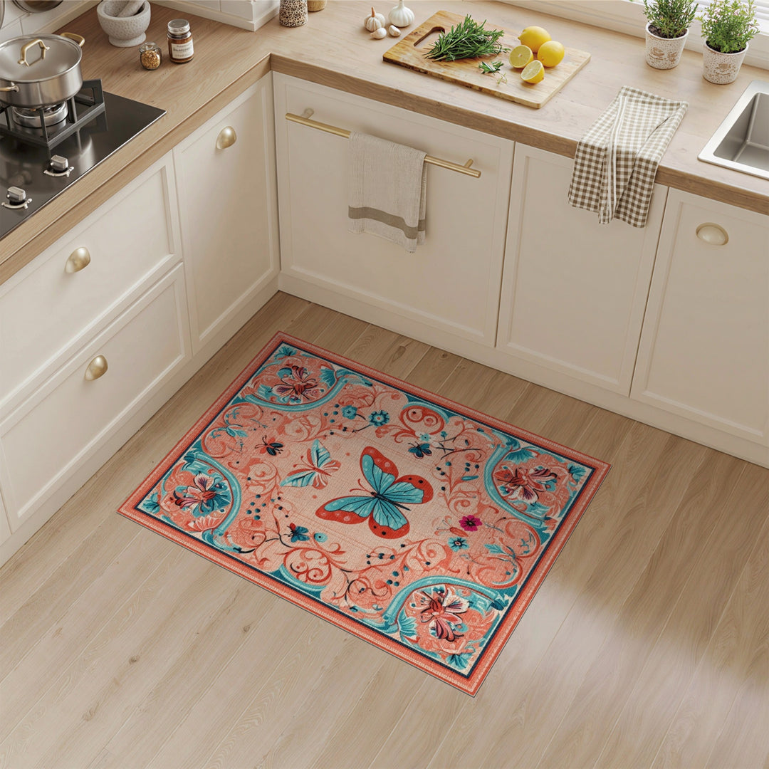 Blue Teal Butterfly Floral Vintage Area Rug