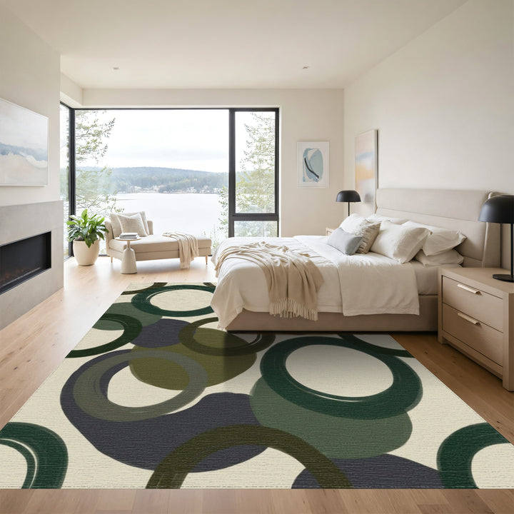 Deep Forest Green Abstract Circles Rug