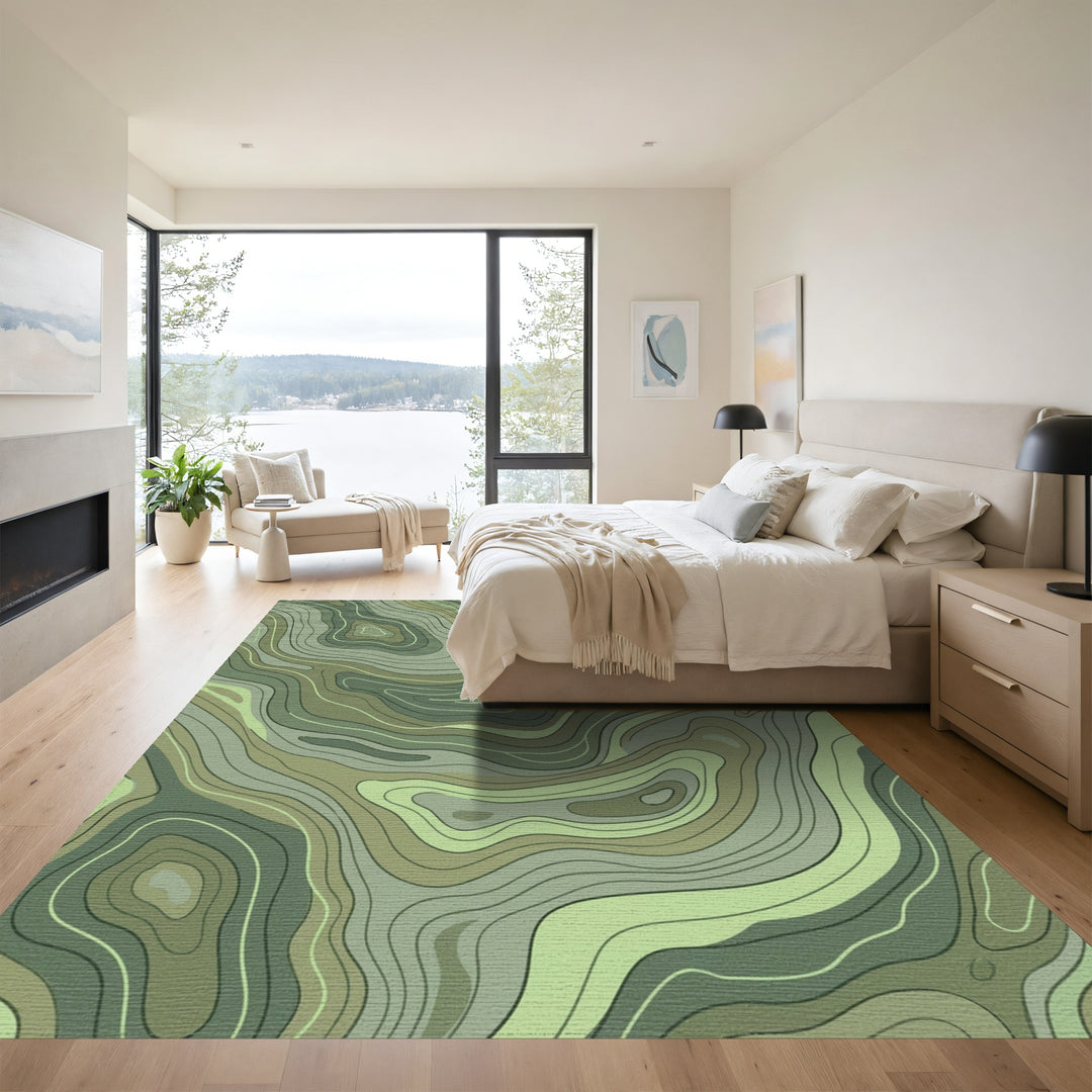 Earthy Green Contour Topographic Lines Rug