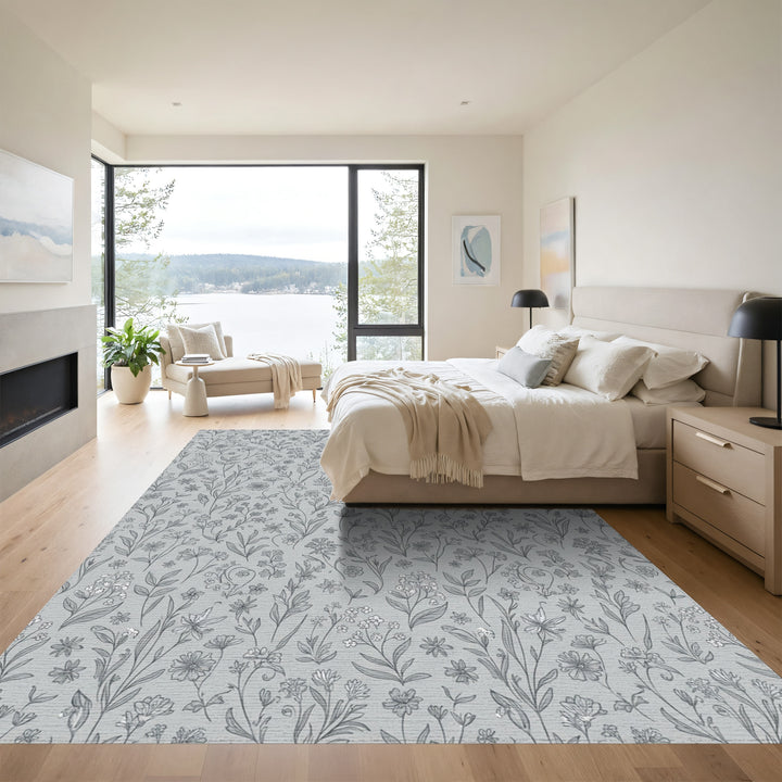 Delicate Gray Floral Botanical Garden Rug