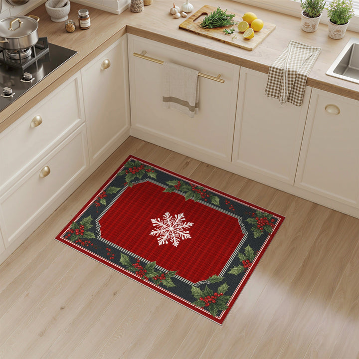Red Plaid Snowflake Holly Area Rug