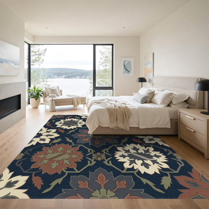 Deep Navy Red Floral Medallion Rug