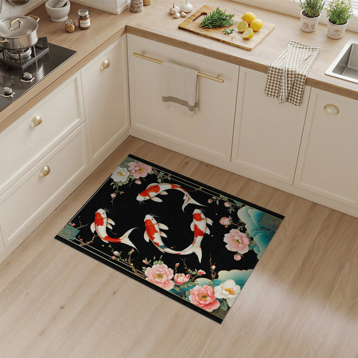 Koi Fish Peony Black Area Rug