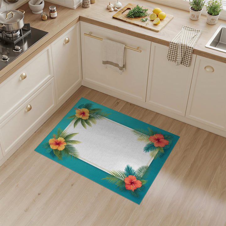 Hibiscus Palm Teal Border Area Rug