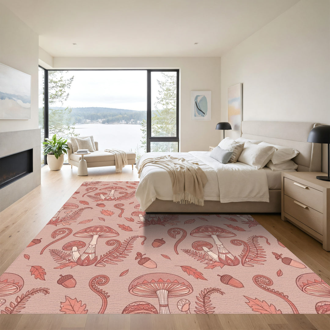 Terracotta Mushroom Fern Acorn Repeating Motif Rug