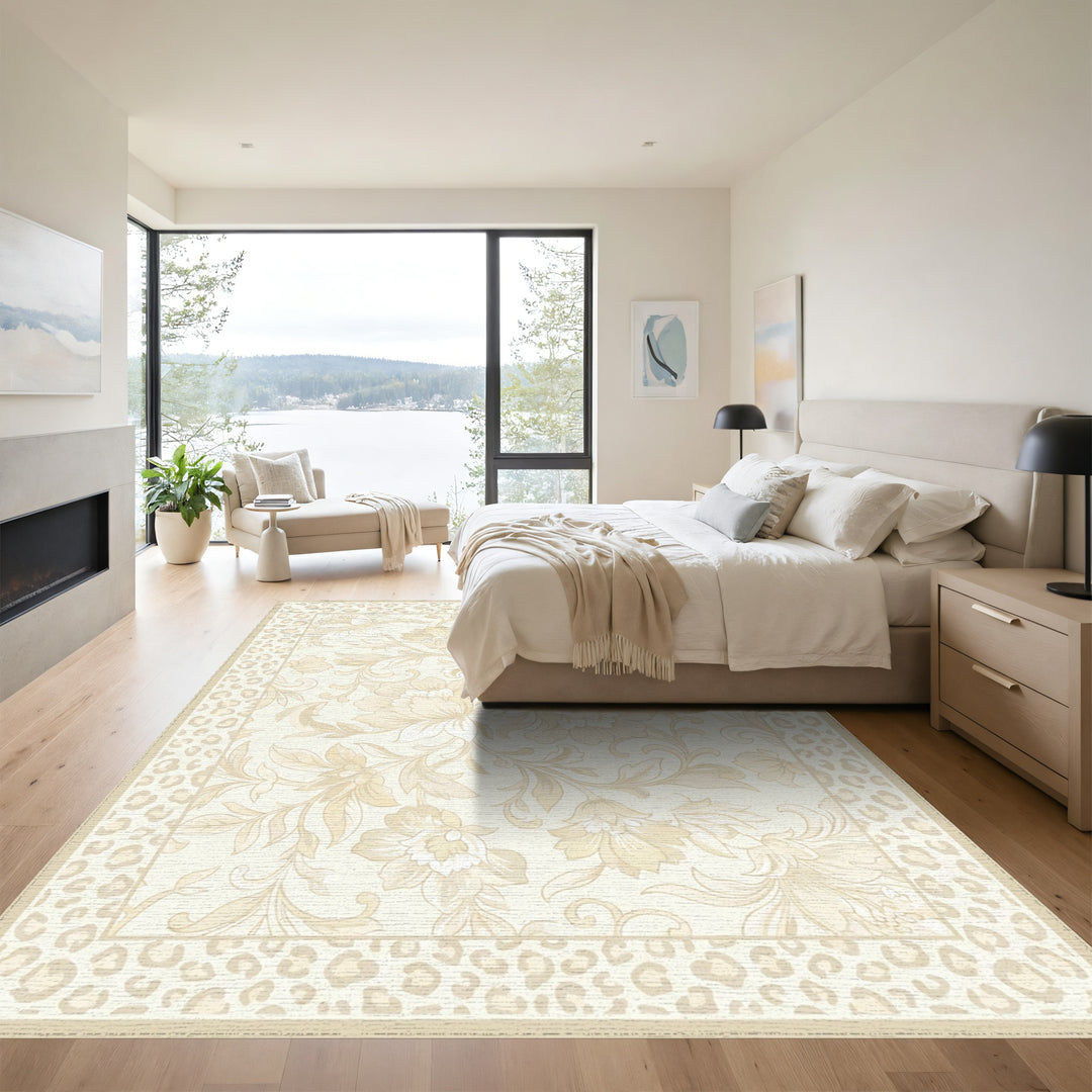 Cream Floral Bordered Leopard Print Rug