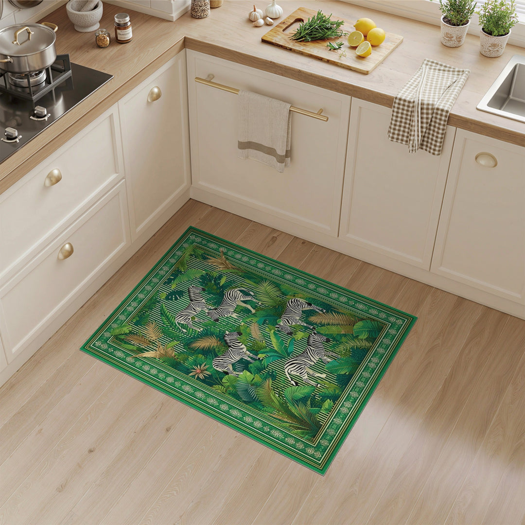 Green Zebra Jungle Washable Area Rug