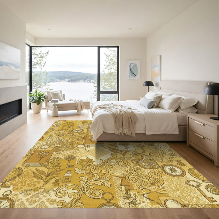 Vintage Golden Botanical Science Collage Rug