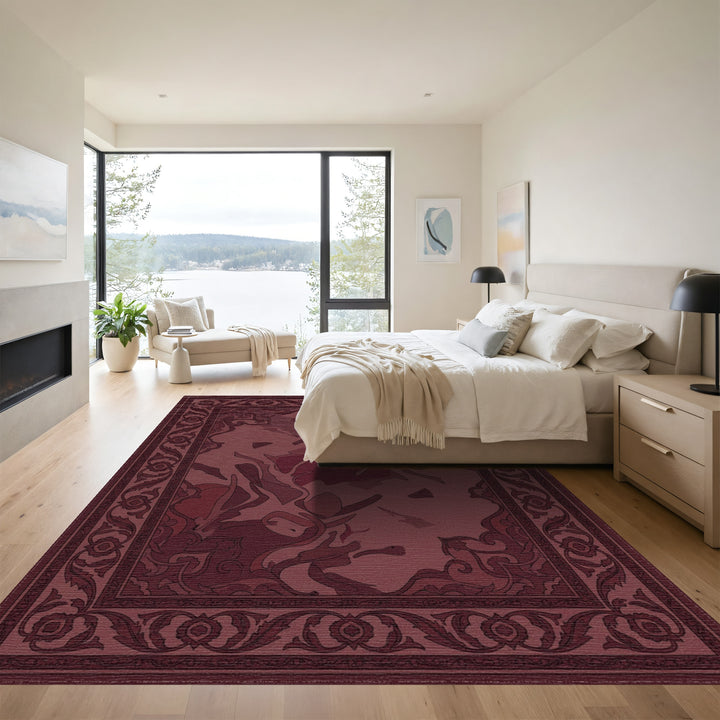 Deep Burgundy Floral Medallion Border Rug
