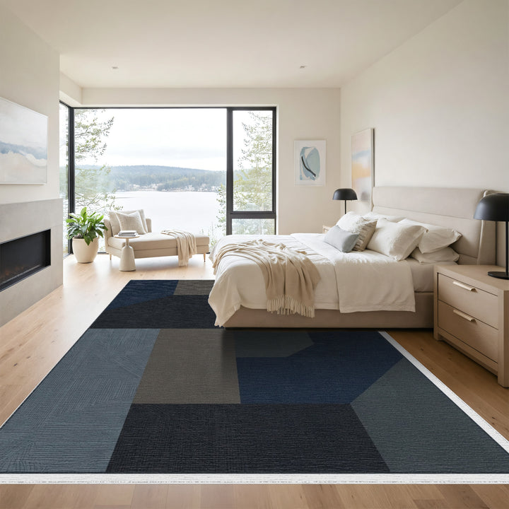 Dark Blue Geometric Cubist Blocks Rug