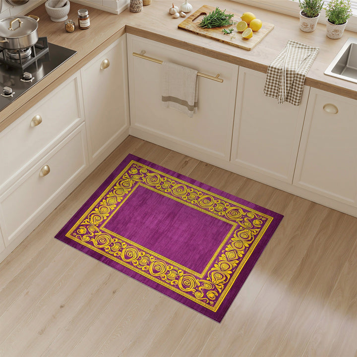 Purple Floral Vintage Area Rug with Yellow Border