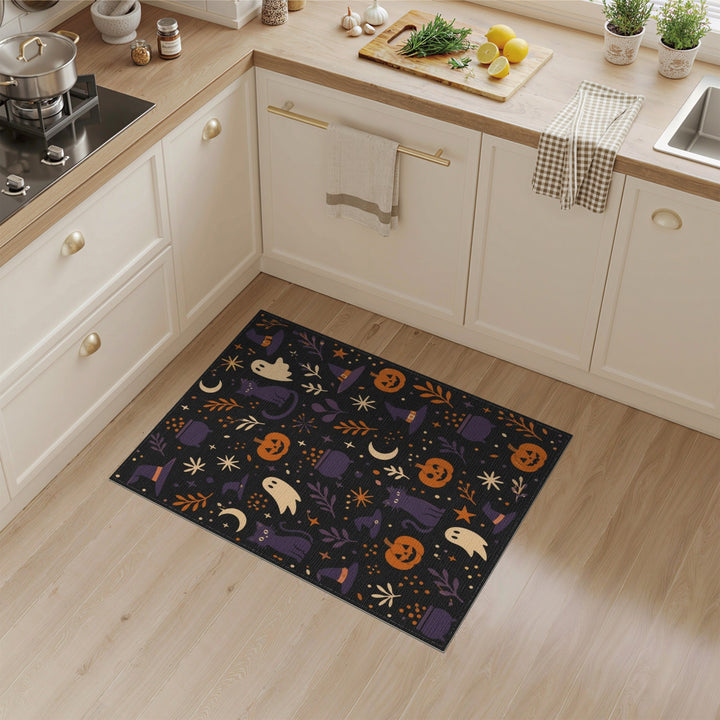 Spooky Halloween Witch Cat Pumpkin Area Rug