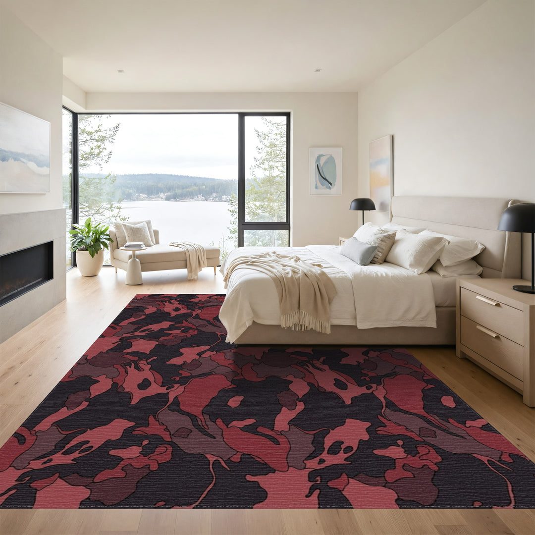 Dark Red Camouflage Abstract Forms Rug