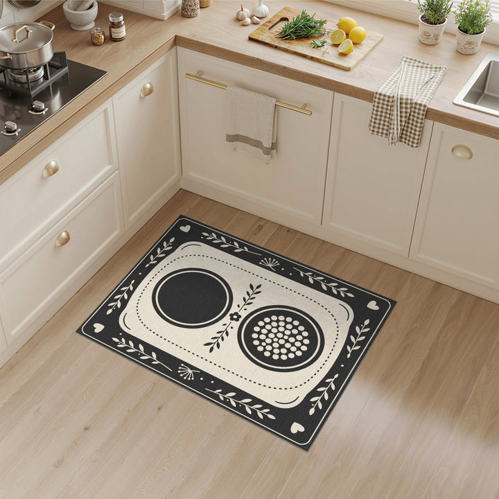 Black White Geometric Floral Area Rug