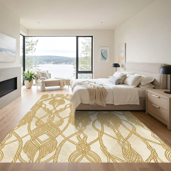 Golden Macrame Knot Scroll Rug