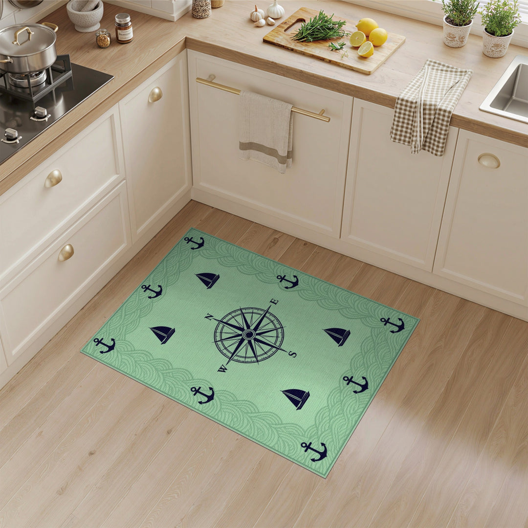 Coastal Nautical Compass Anchor Green Area Rug