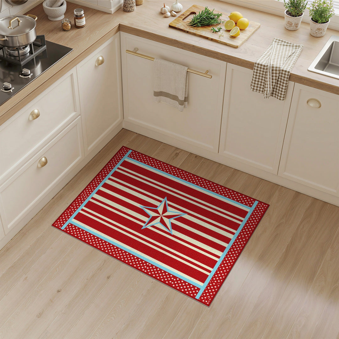 Red Striped Star Washable Area Rug